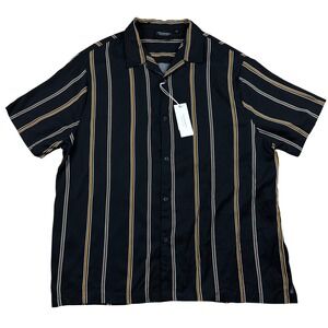 7Diamonds Walk The Line Black Gold Striped Short Sleeve Camp Collar Shirt Mens L